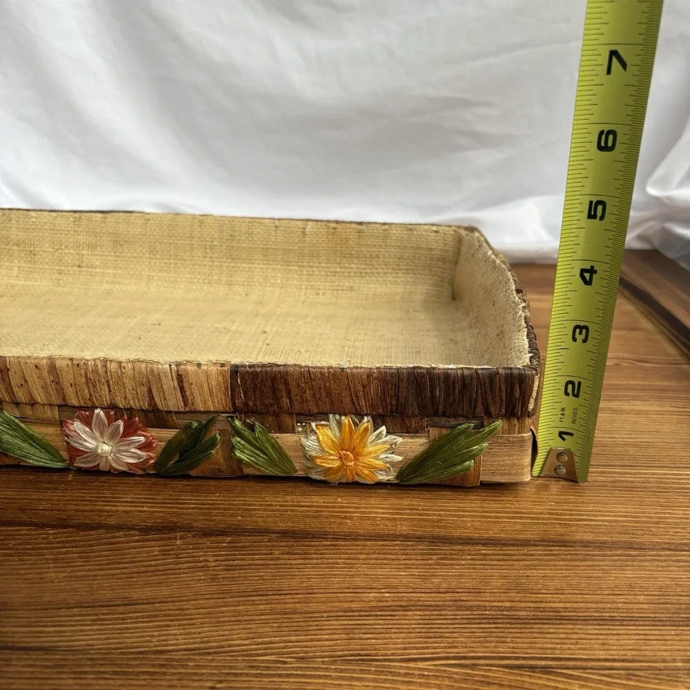 Vintage Rustic Bark Look Decorative Basket Tray Floral Trim Burlap Lined Decor